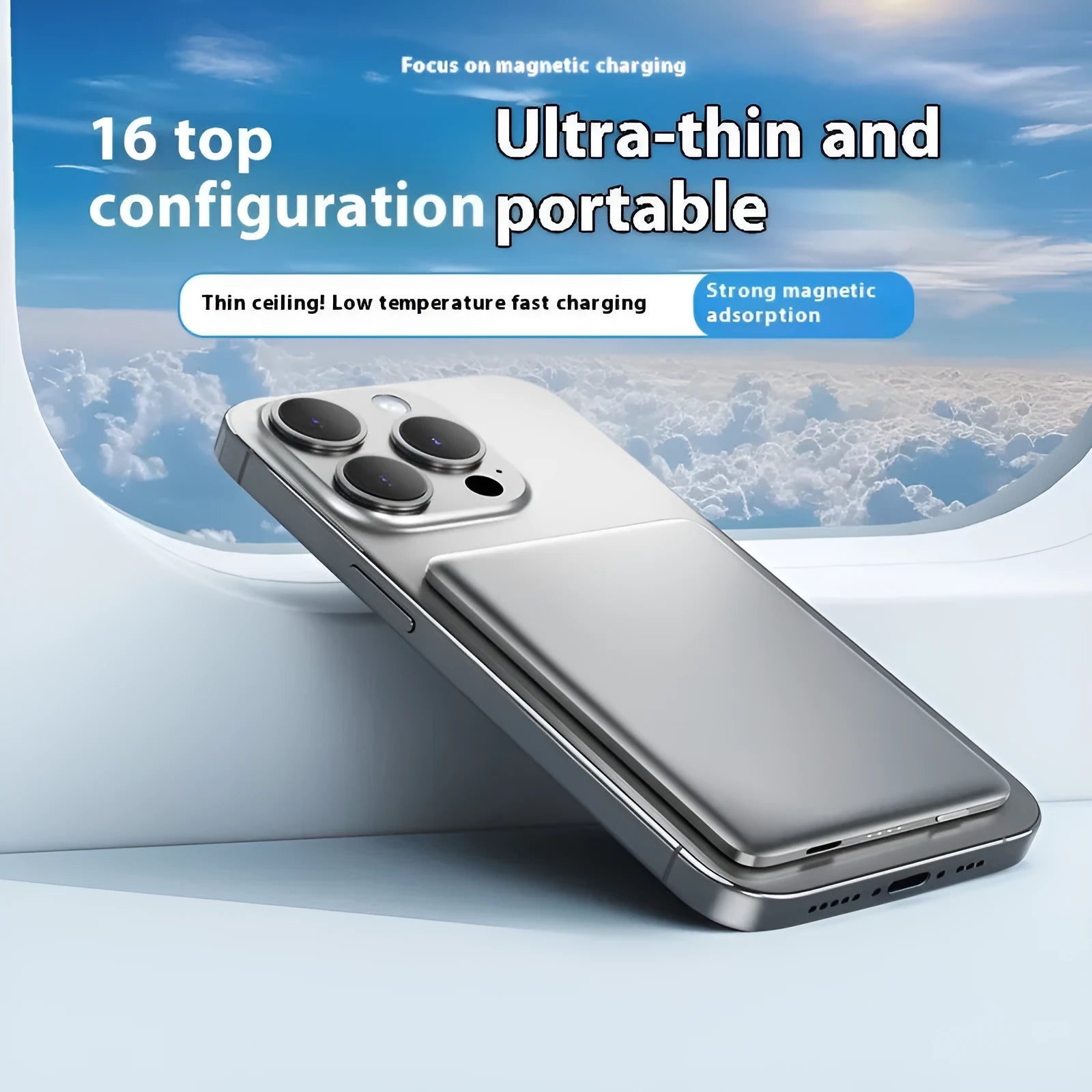 Gun grey magnetic wireless power bank showing slim 9mm profile and compact design