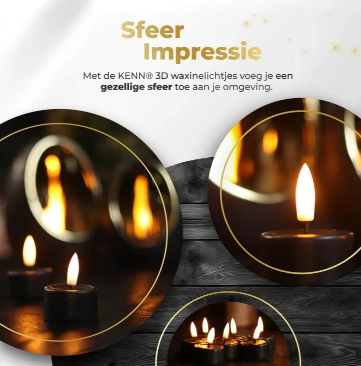 Set of four black plastic LED tealight candles showing flickering light effect.