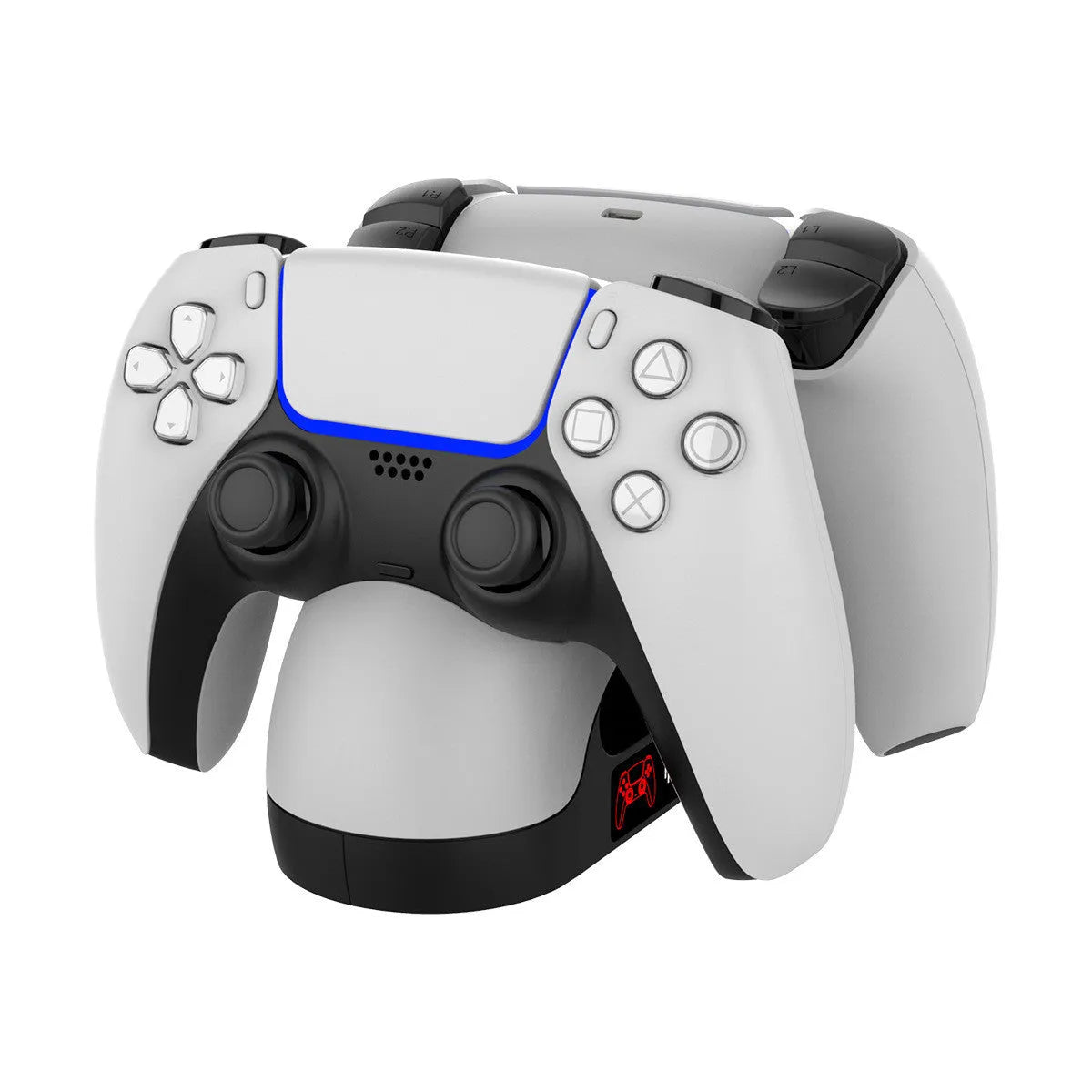 PS5 gamepad charger contact type double seat in black and white with two controllers docked showing charging status