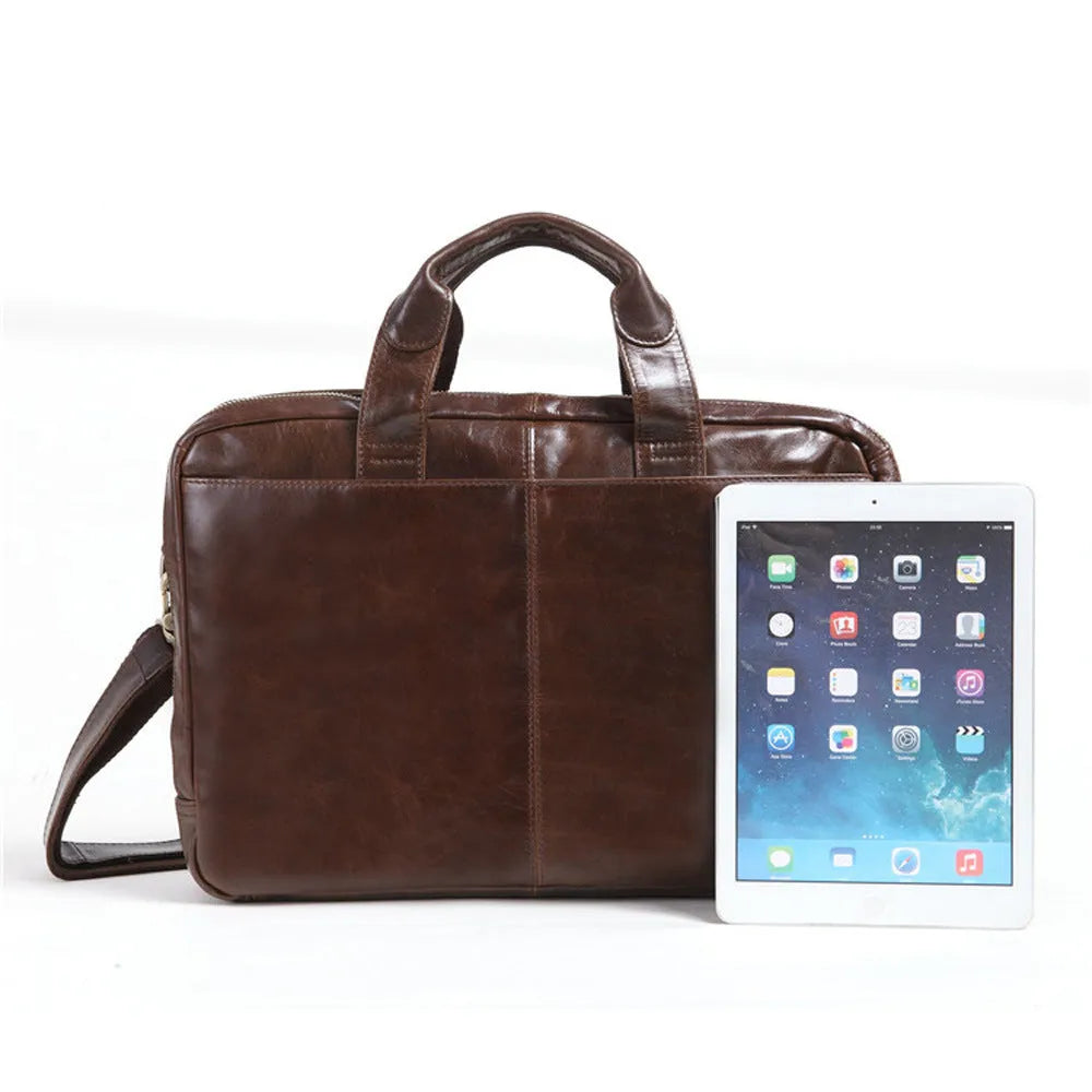 Brown leather business briefcase with pattern finish, 18-inch size for laptops and documents