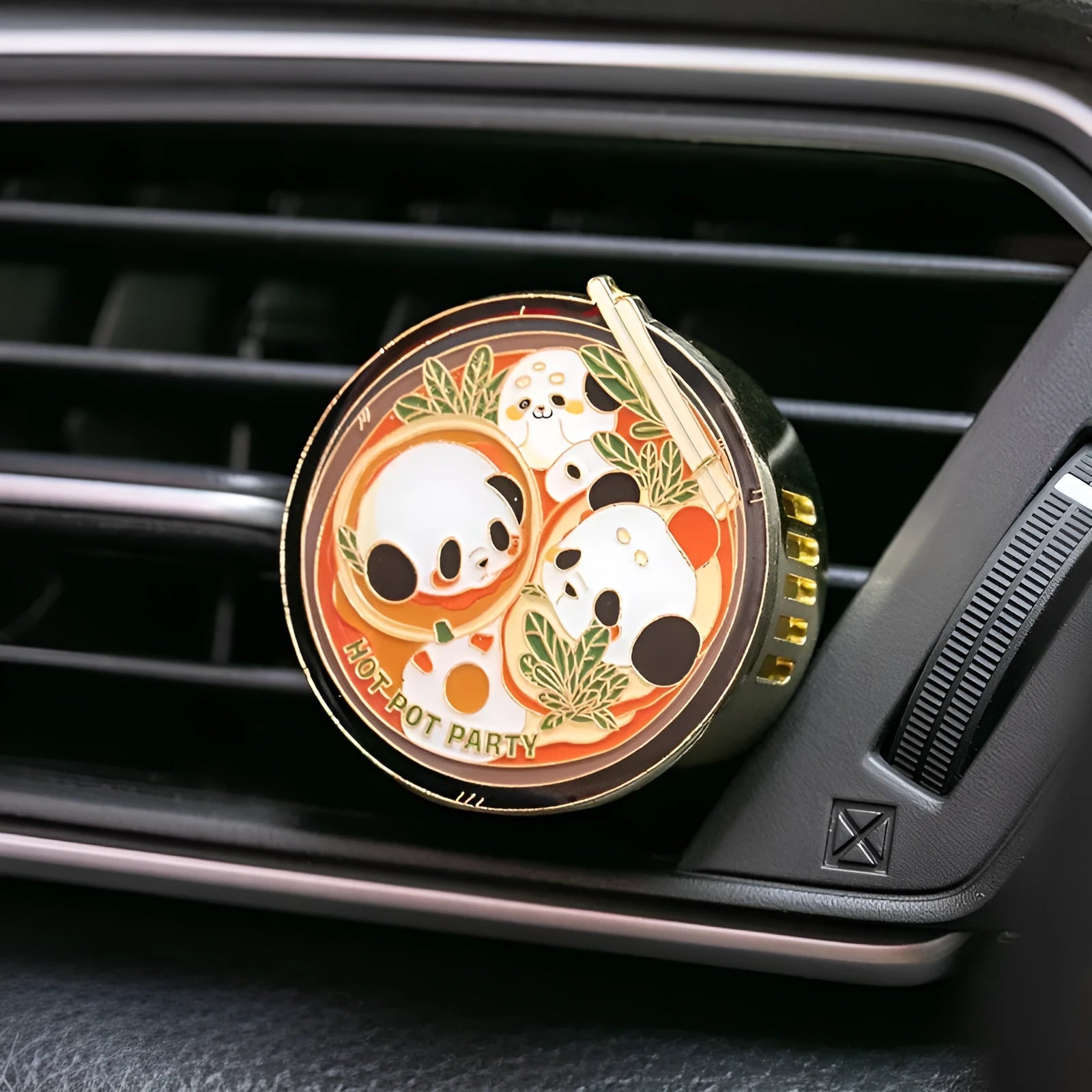 Panda hot pot shaped car air freshener diffuser decoration with removable scent tablets.