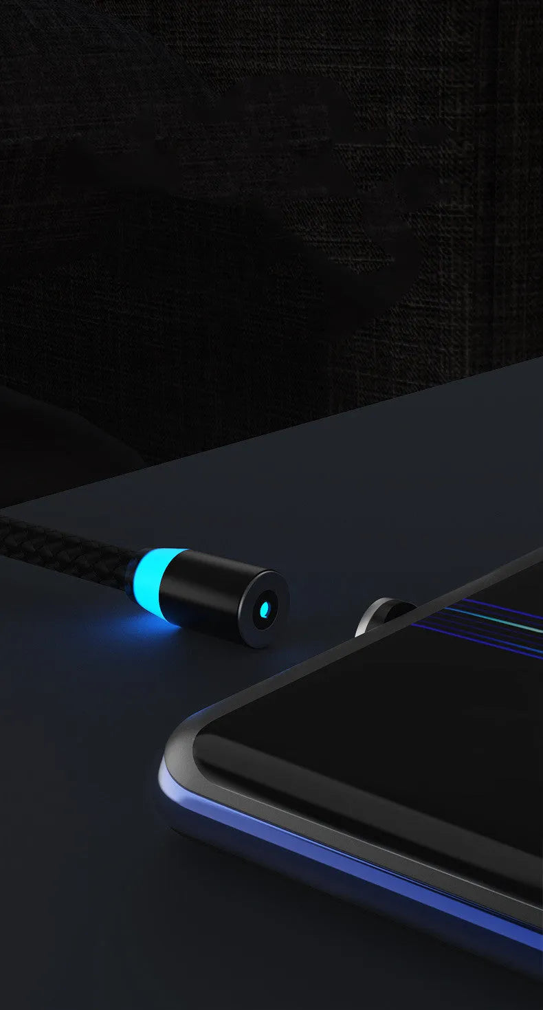 Breathing light magnetic charging cable with LED indicator, showing magnetic tips for iPhone and Android phones.