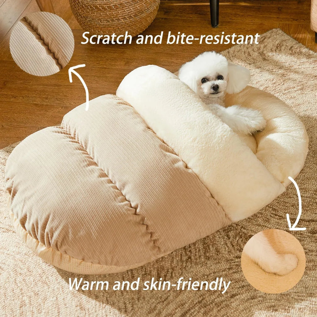 Slipper-shaped cat cave bed with corduroy exterior and self-warming design on hard flooring