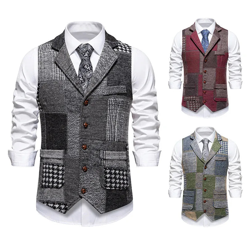 Men's retro patchwork lapel suit vest in gray plaid pattern with patch pockets, chemical fibre blend fabric