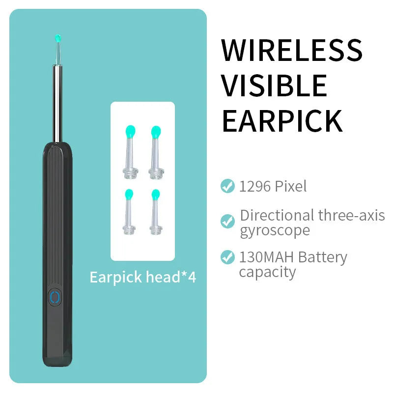 NE3 wireless otoscope ear cleaner with camera, LED light, and spoon heads on a white background.