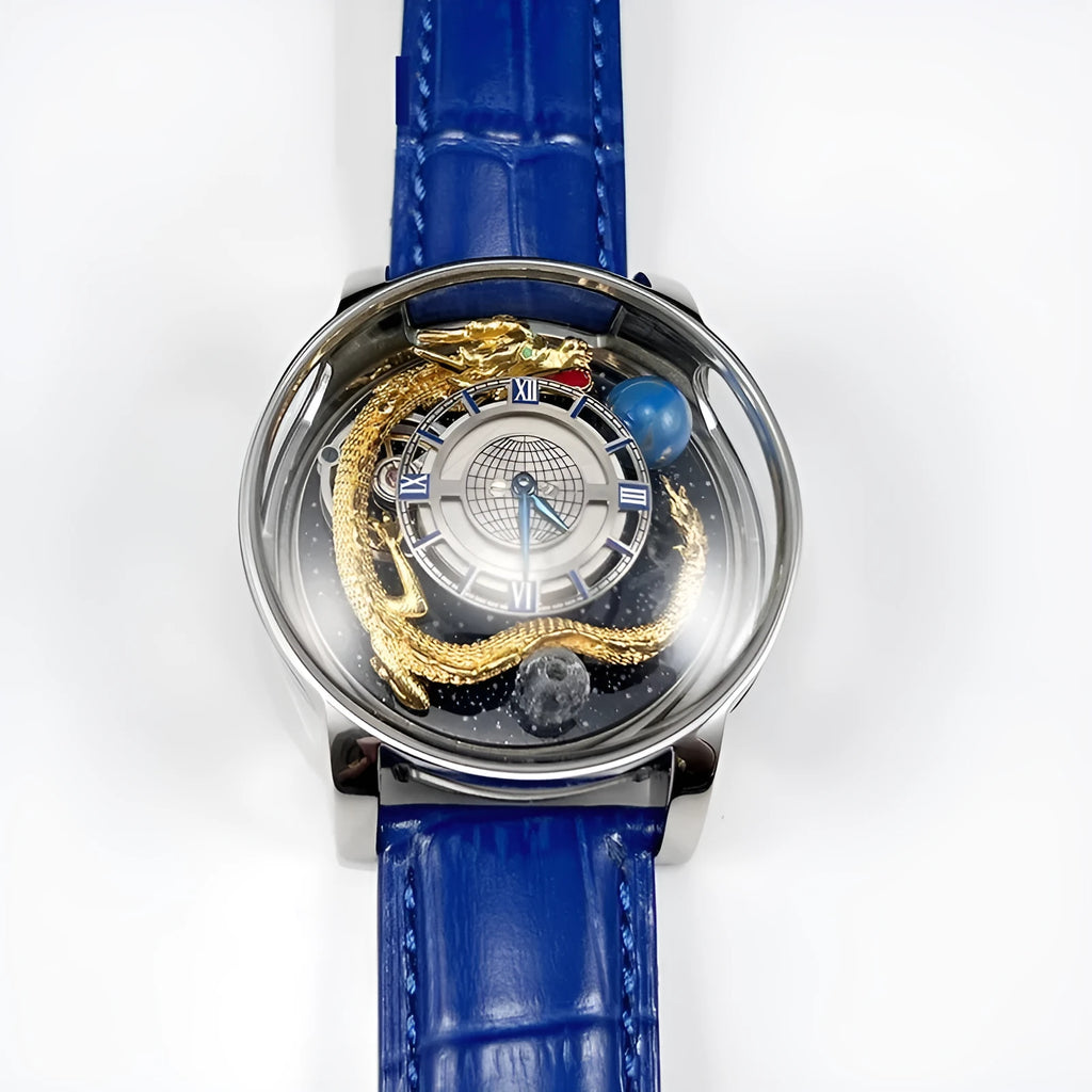 Blue dial quartz watch with sapphire crystal, leather band, and stainless steel buckle on white background
