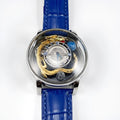 Blue dial quartz watch with sapphire crystal, leather band, and stainless steel buckle on white background