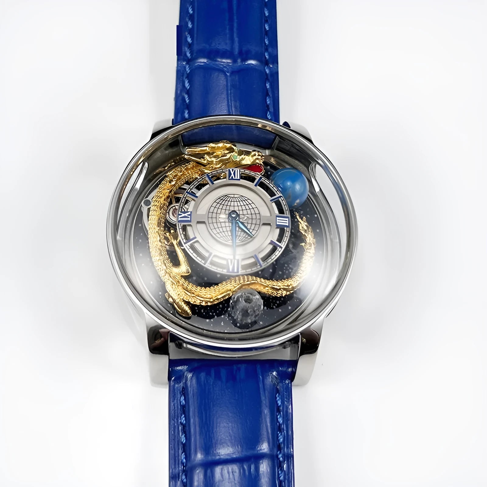 Blue dial quartz watch with sapphire crystal, leather band, and stainless steel buckle on white background