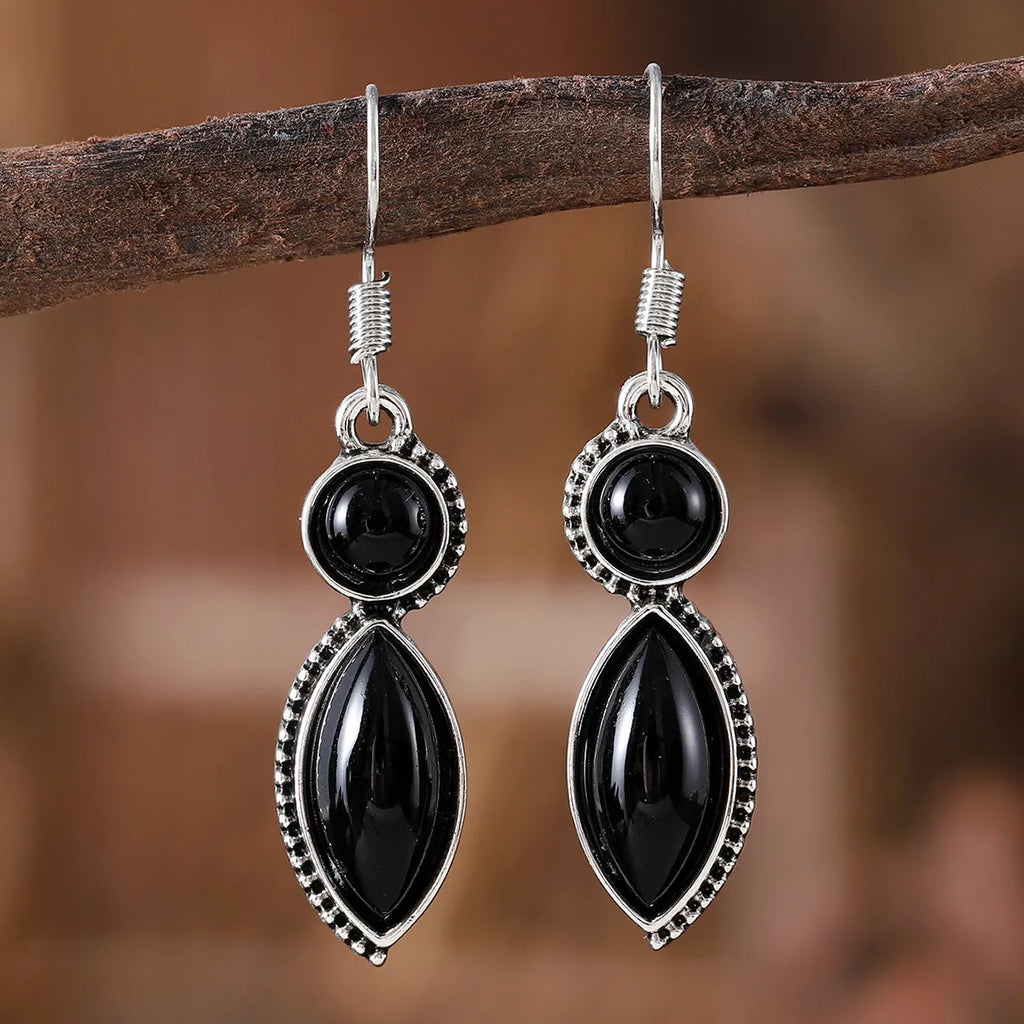 Vintage geometric pendant earrings in zinc alloy with electroplated finish, shown in black or purple, women's retro bohemian style.