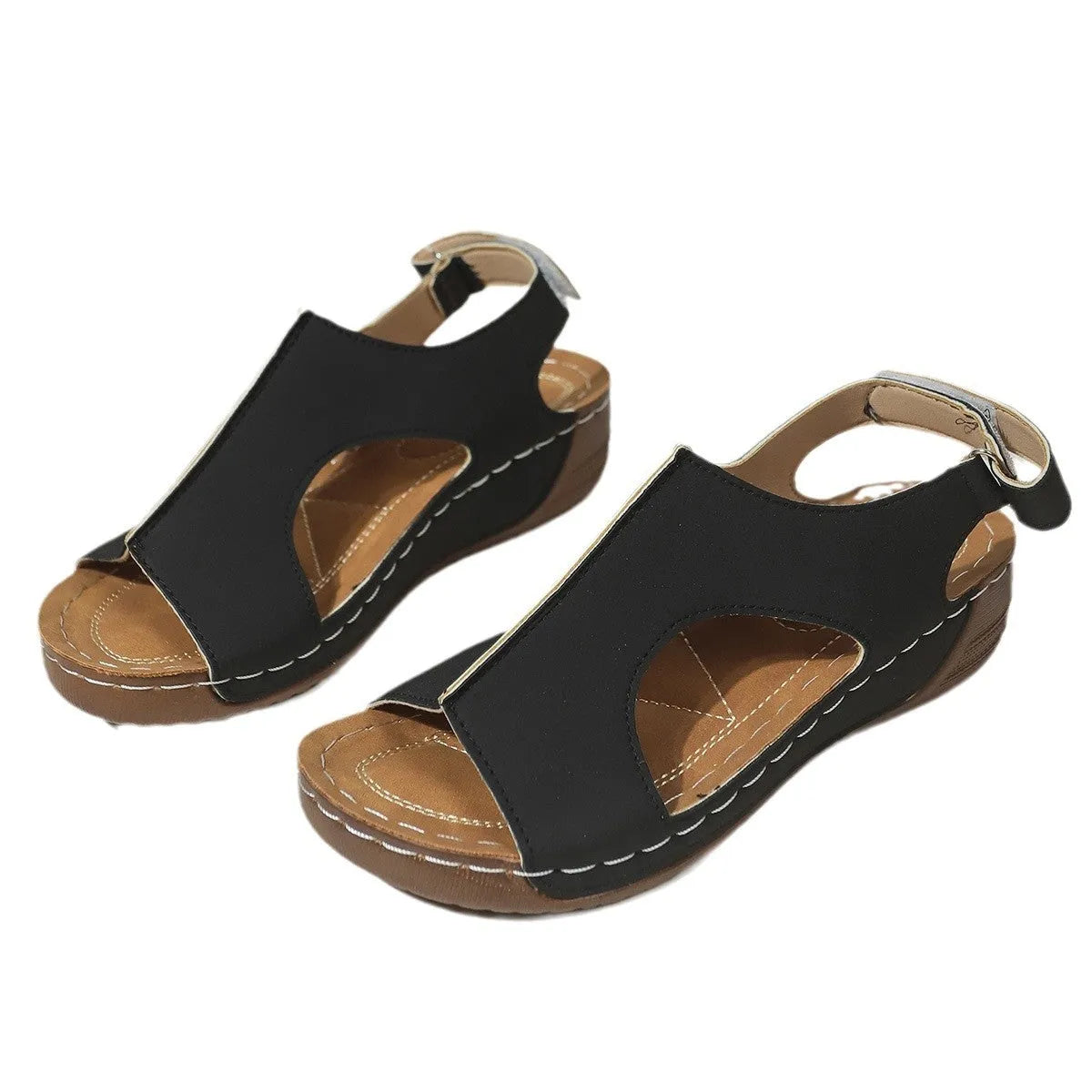 Women's plus size wedge sandals in light brown with Velcro strap, PU upper, and round toe on a neutral background