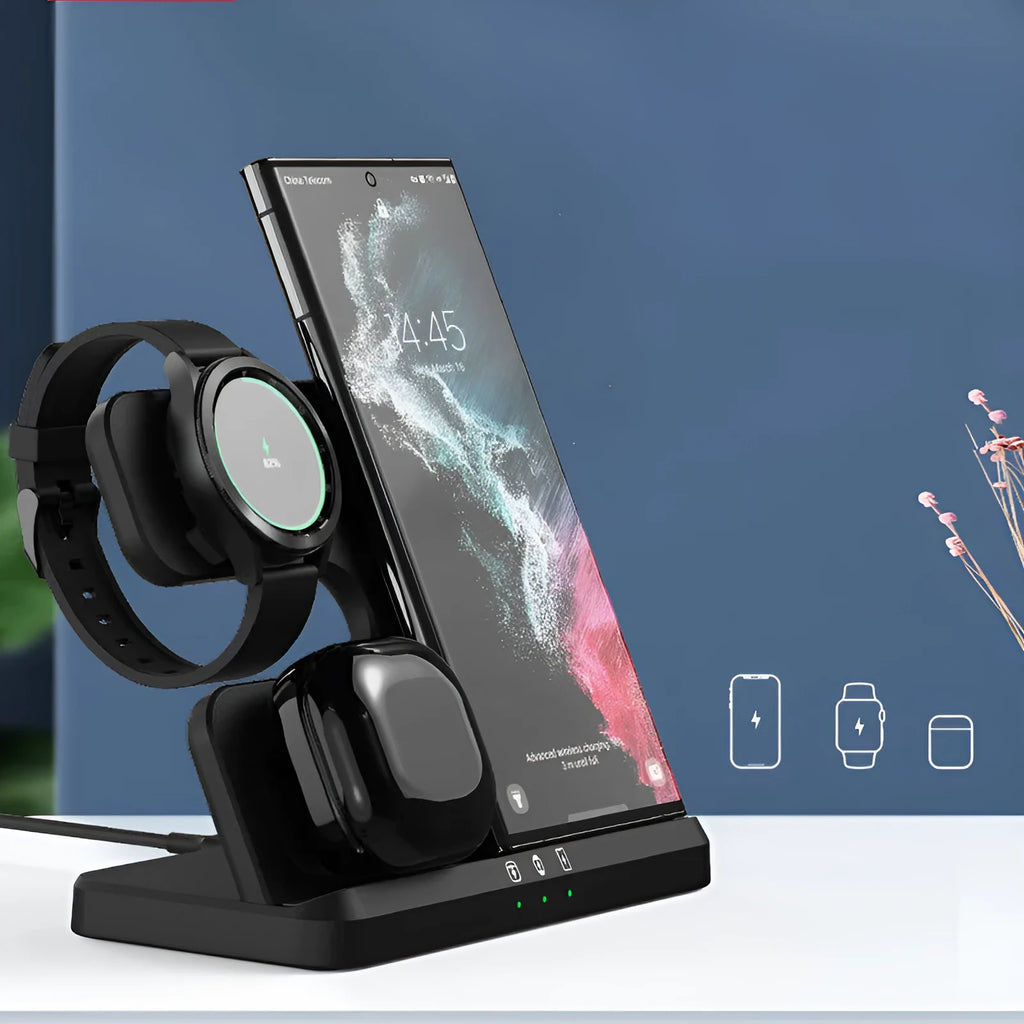 Vertical 3-in-1 wireless charging stand for mobile phone, smartwatch, and headphones.