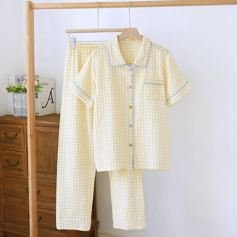 Washed cotton double-layer gauze short-sleeved trousers casual loose outfit in flower sea or yellow plaid colours