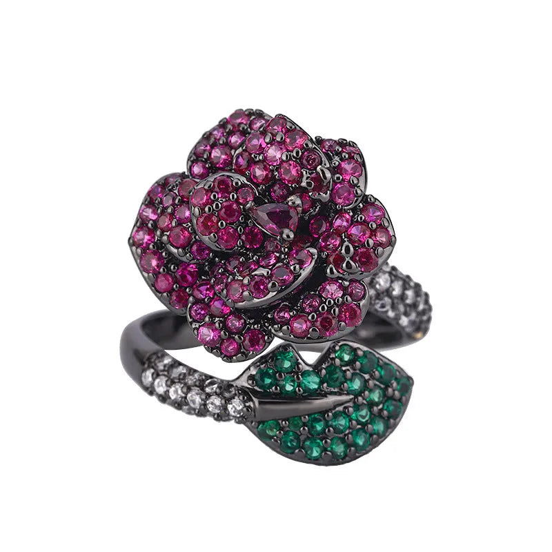 Gold-plated black gold simulation corundum flower personality ring with geometric design