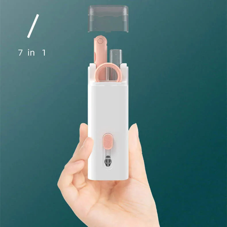 White electronic cleaning kit with cleaning pen, brush, keycap puller and spray bottle for laptops and earbuds