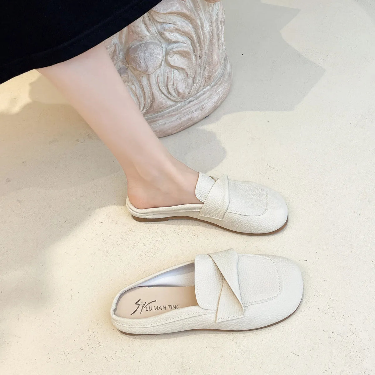 Women's closed toe half slipper loafers in beige, black, or brown with PU upper and rubber sole, sizes 35-40