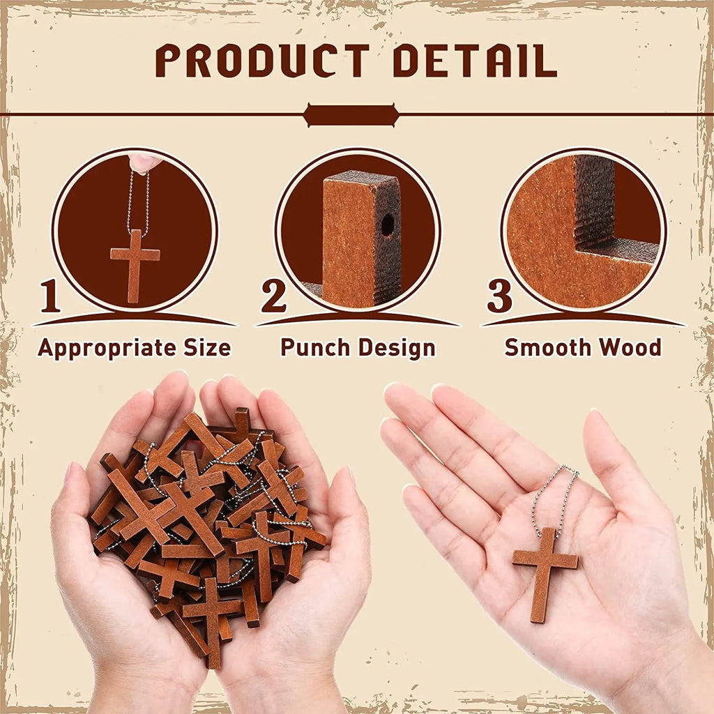 Wooden craft cross pendant ornament with natural wood finish, standing upright on a table