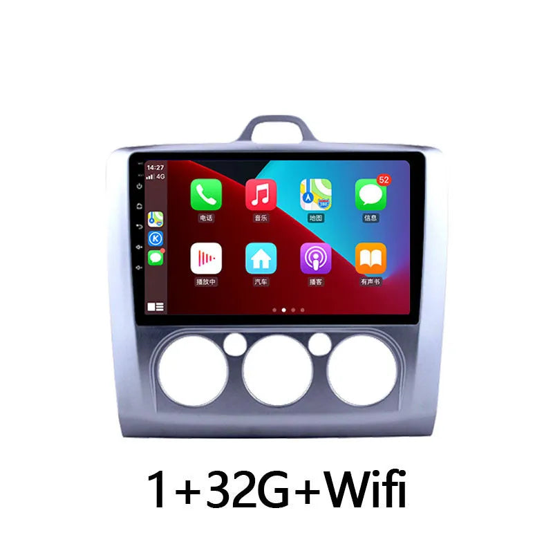 9-inch Android car stereo touchscreen with manual air conditioning controls for Fox vehicles.