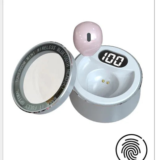 A small skin-coloured 9mm Bluetooth in-ear headset with touch controls, shown next to a white and pink version.