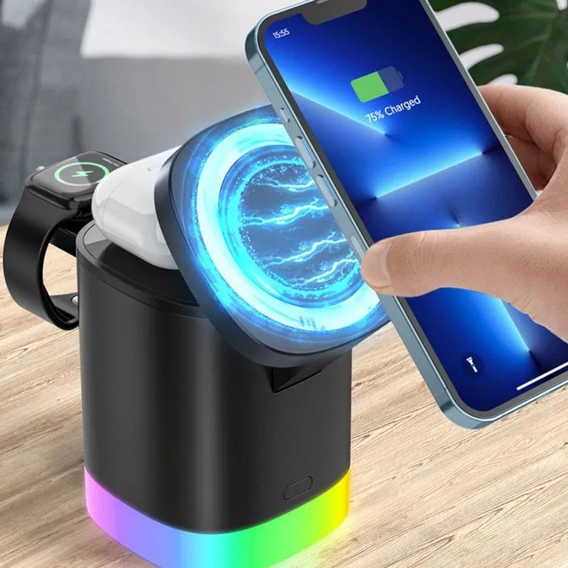 Black foldable 3-in-1 magnetic wireless charging station with RGB lighting charging iPhone, Apple Watch, and AirPods