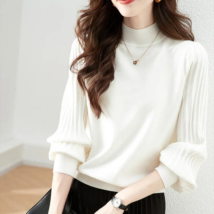 Women's slim fit half turtleneck striped shirt in apricot colour on a hanger