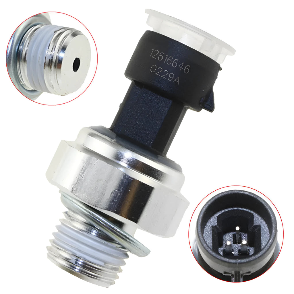 Oil pressure sensor for Buick Chevrolet vehicles with visible part numbers and electrical connector