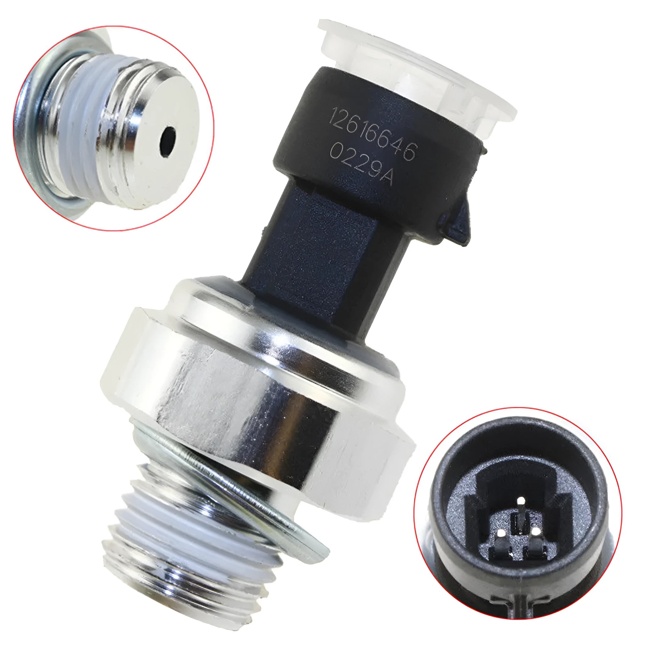 Oil pressure sensor for Buick Chevrolet vehicles with visible part numbers and electrical connector
