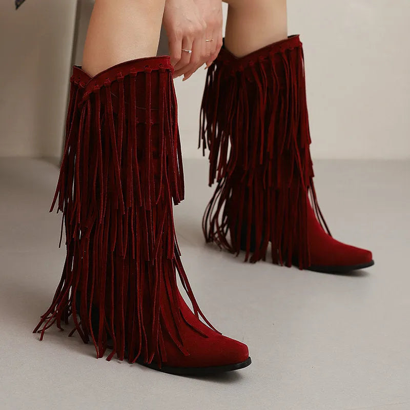 Women's suede mid-calf boots with chunky heel, waterproof platform, and tassel detail in multiple colours