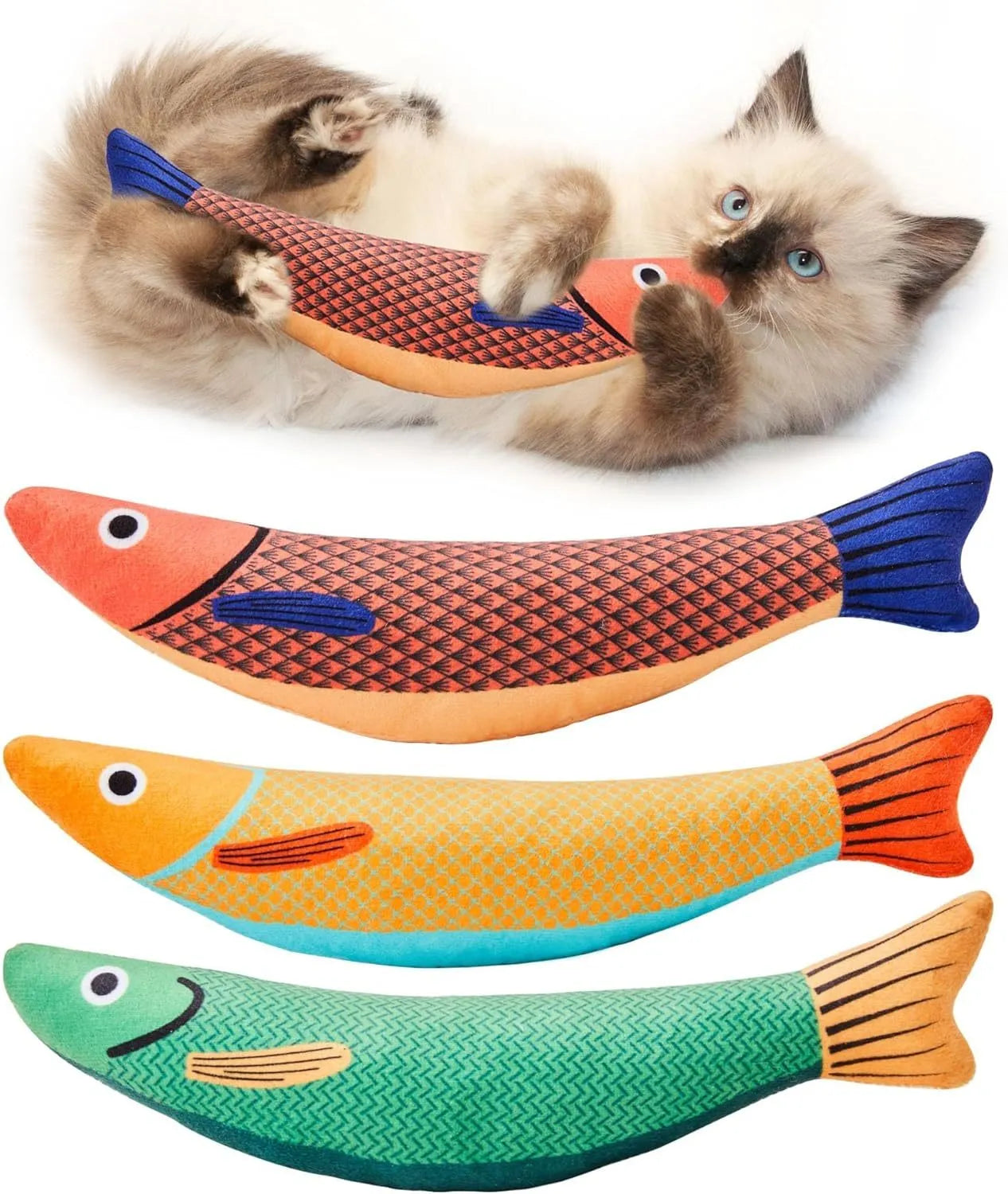Plush fish-shaped cat kicker toy with organic catnip filling in green, orange and yellow colours