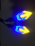 Arrow-shaped LED motorcycle turn signal lamp in ABS plastic housing for 12v universal vehicle fit.