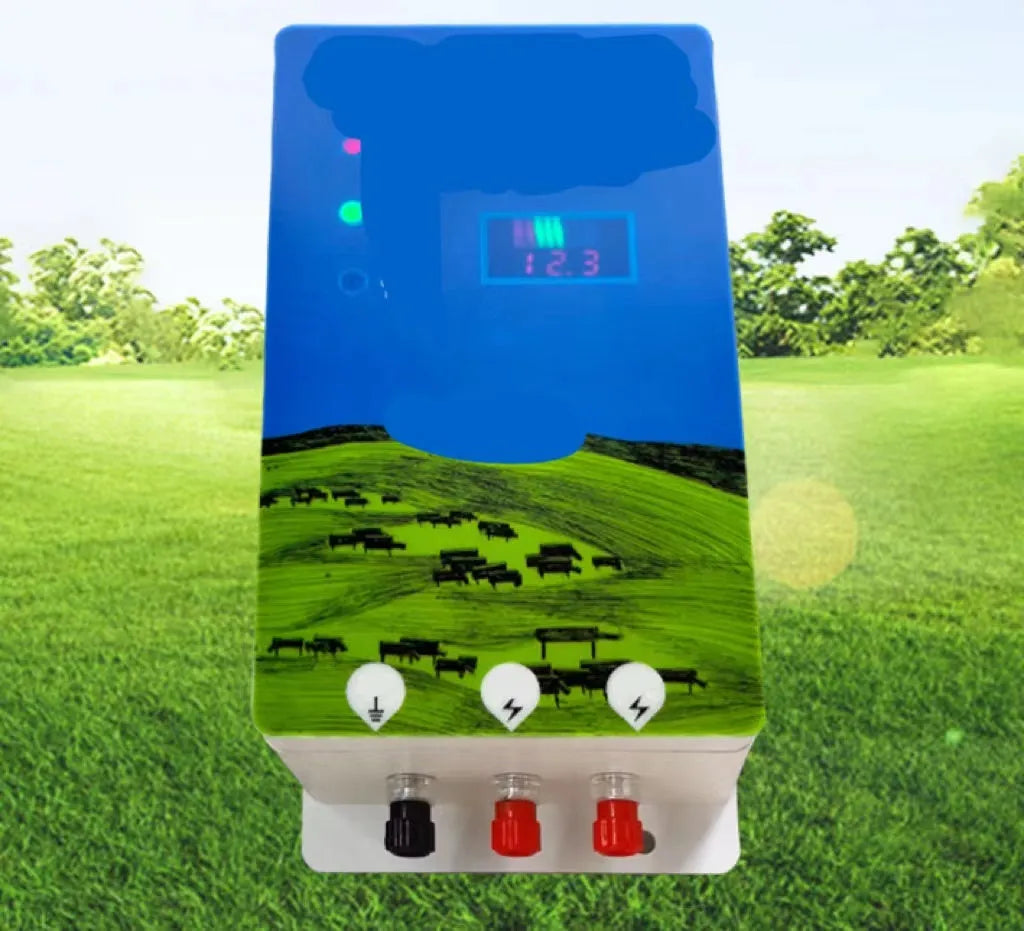 Animal husbandry electric fence alarm host unit with display options and solar panel for pasture livestock security.