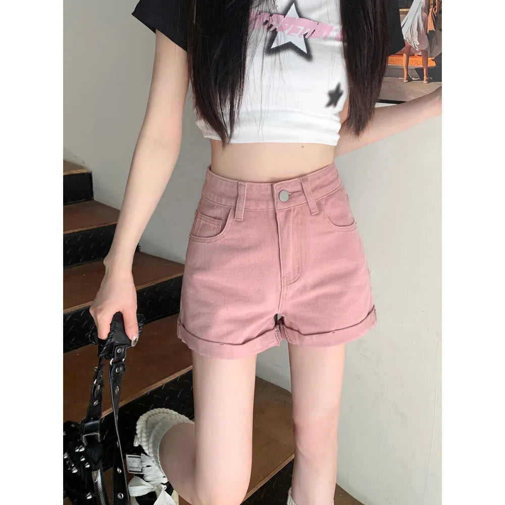 Women's high waist loose fit cotton denim shorts in black, pink, khaki, and white, sizes S to 5XL