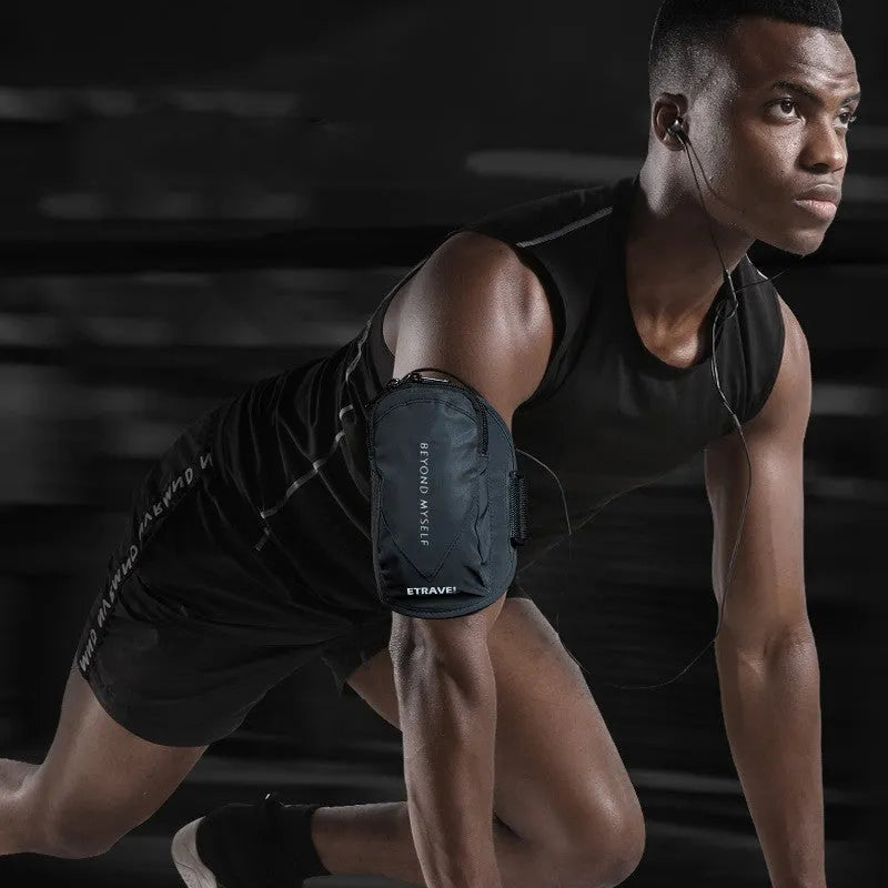 Black reflective running arm bag with adjustable strap, shown holding a mobile phone.