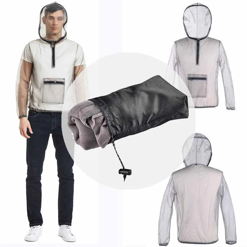Gray breathable mesh insect bite jacket for camping fishing hiking with hood