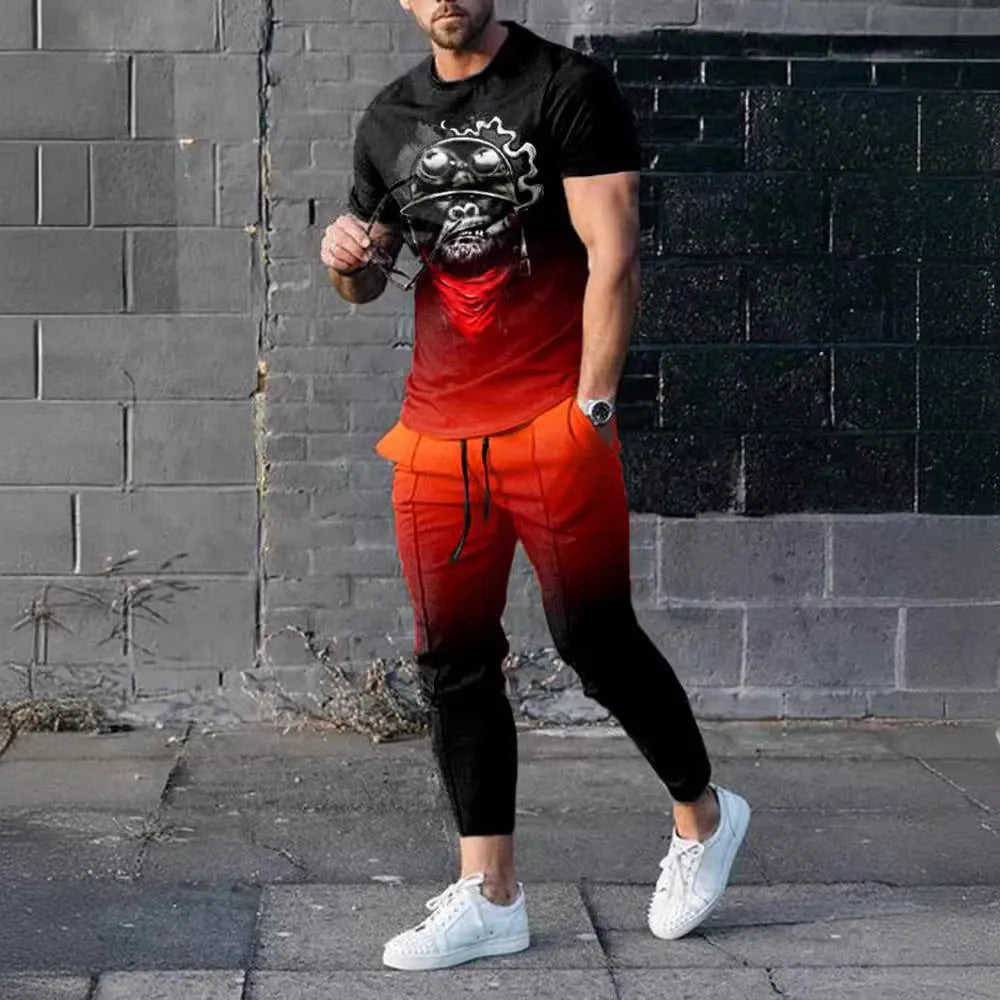Men's short-sleeve printed tracksuit set with round neck pullover and matching trousers in polyester blend fabric