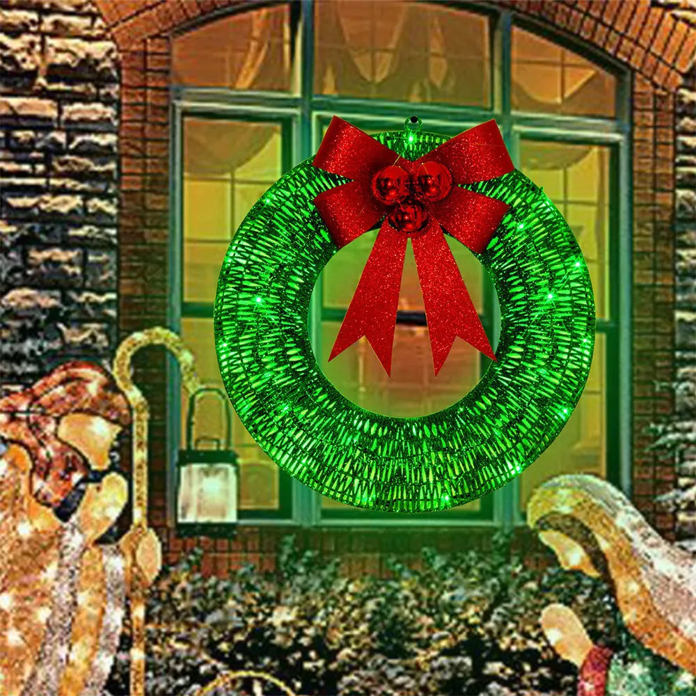 Gold and green 50cm LED Christmas wreath with large fabric bowknot and warm white lights