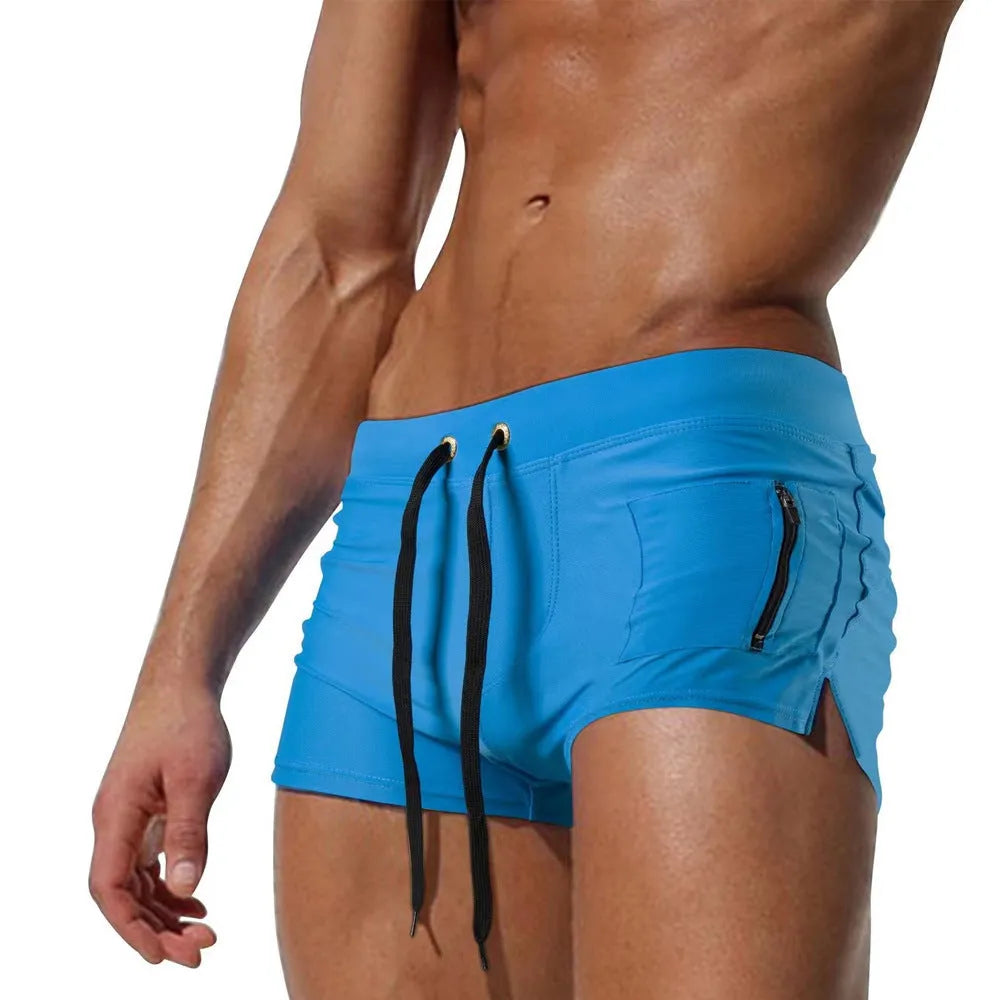 Men's black high-waist swimming trunks with a lace-up front closure