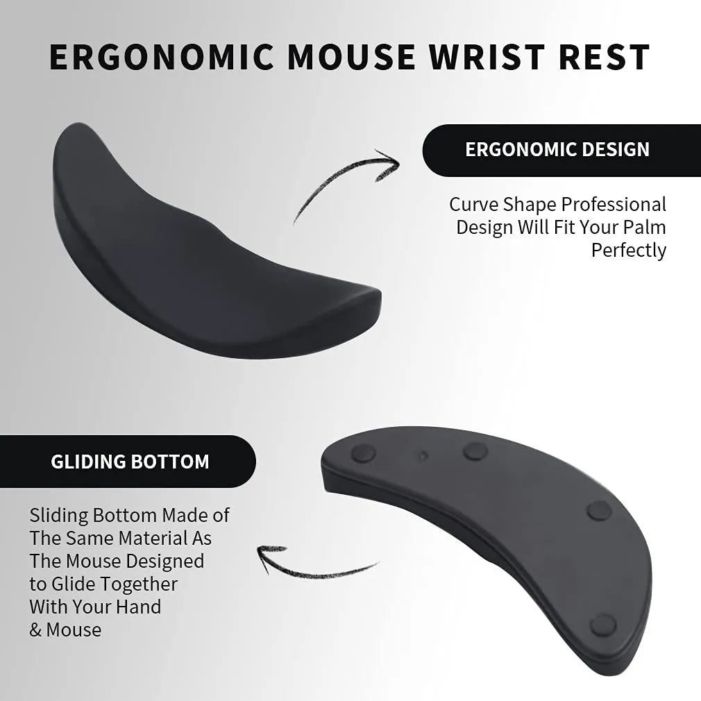 Ergonomic silicone gliding mouse wrist rest for right-handed use, black, 10 x 4.5 x 5 cm, on desk with computer mouse