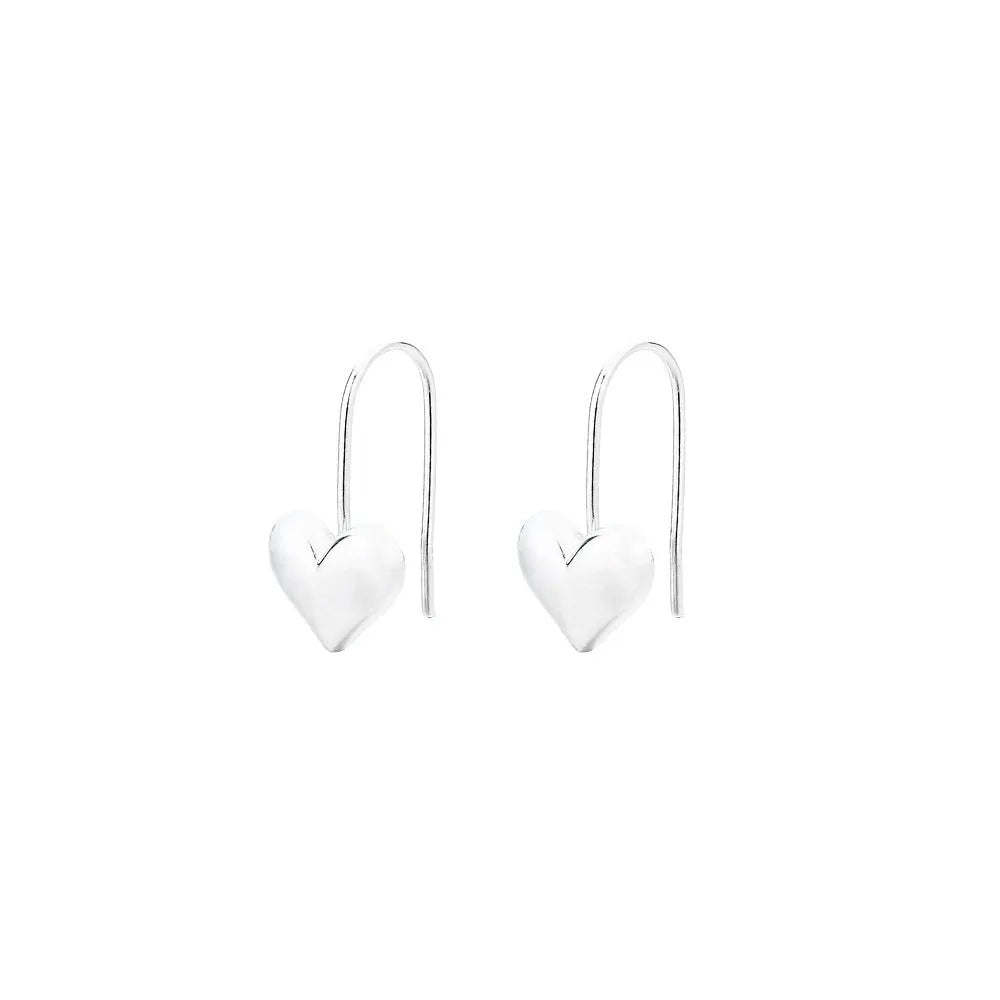 Silver Korean style heart-shaped earrings with a glossy three-dimensional design on a white background.