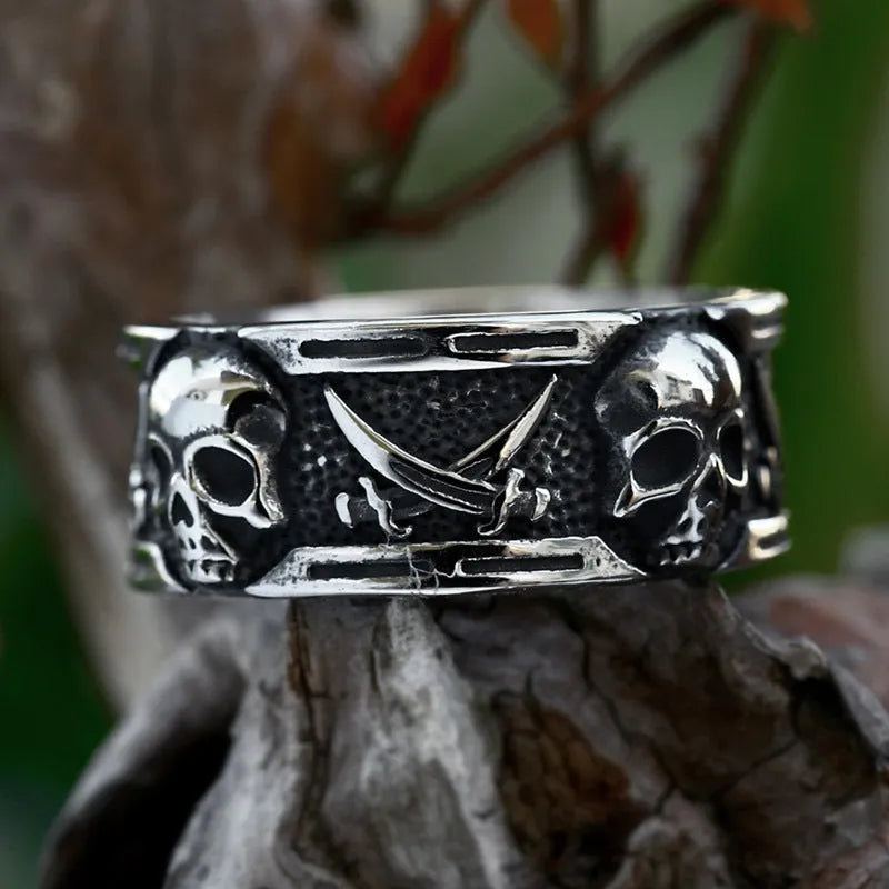 Steel Warrior men's titanium steel skull ring in retro punk style on a black background, showing the skull motif and metal finish