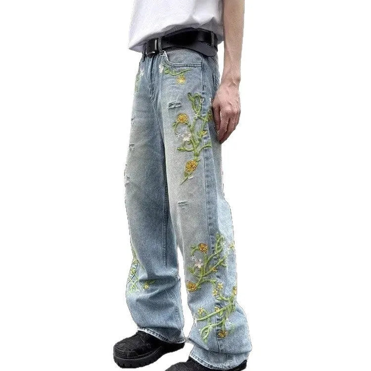 High street casual wide leg denim trousers in blue, mid waist zip fly style, straight leg cut