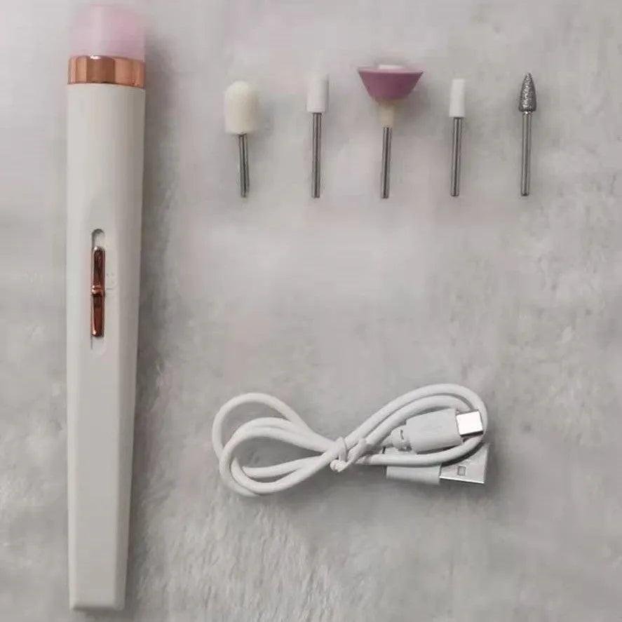 White cordless electric nail drill machine with LED light, five abrasive heads, and a USB charging cable on a pink background.