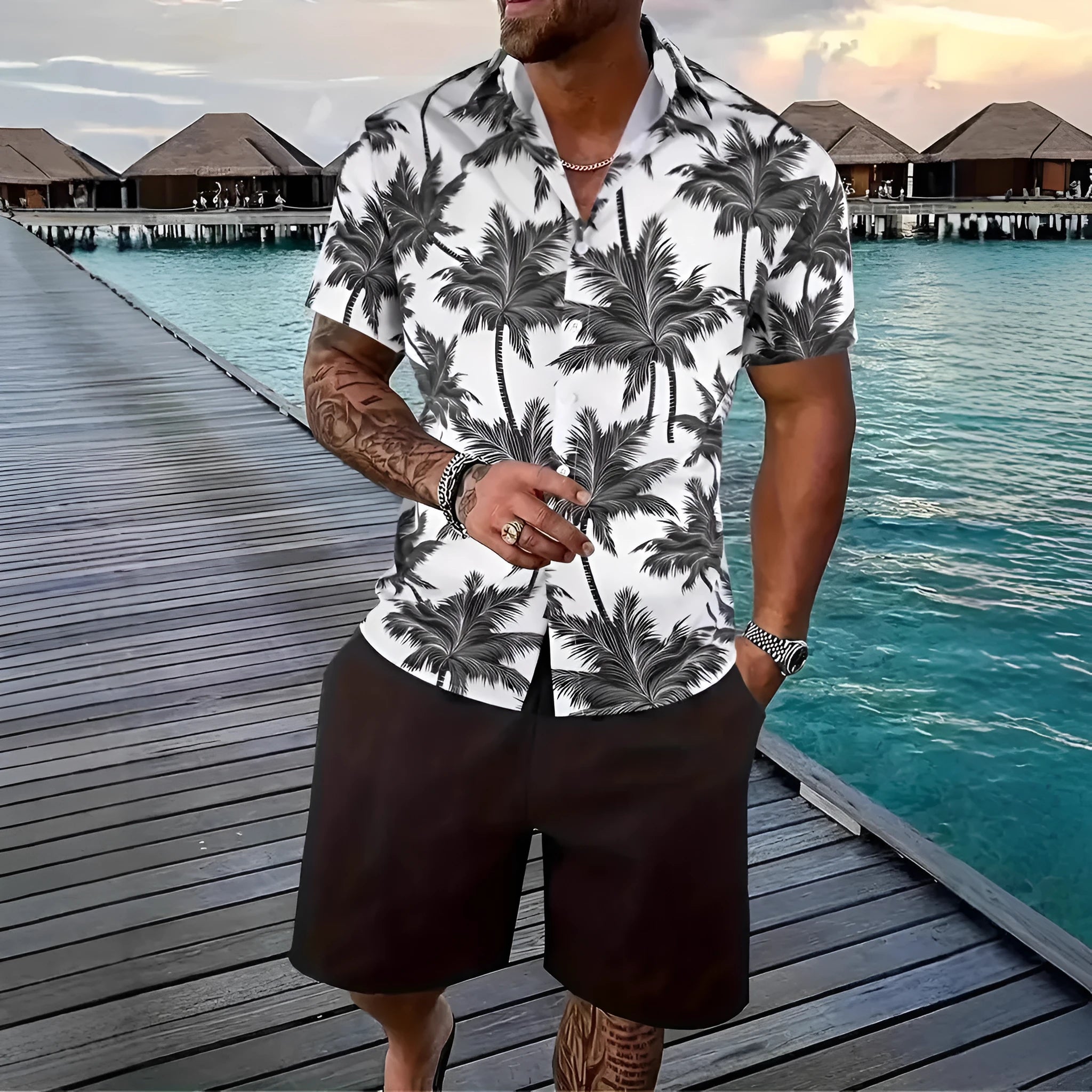 Men's short sleeve Hawaii shirt and matching shorts with a colourful 3D printed tropical pattern