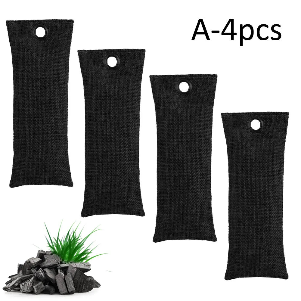 Black bamboo charcoal deodoriser bag measuring 16.5 by 6.5 centimetres for shoe and household odour control