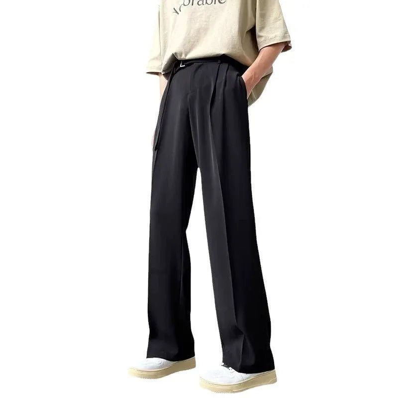 Thin straight black wide leg trousers with non-ironing chemical fibre blend fabric