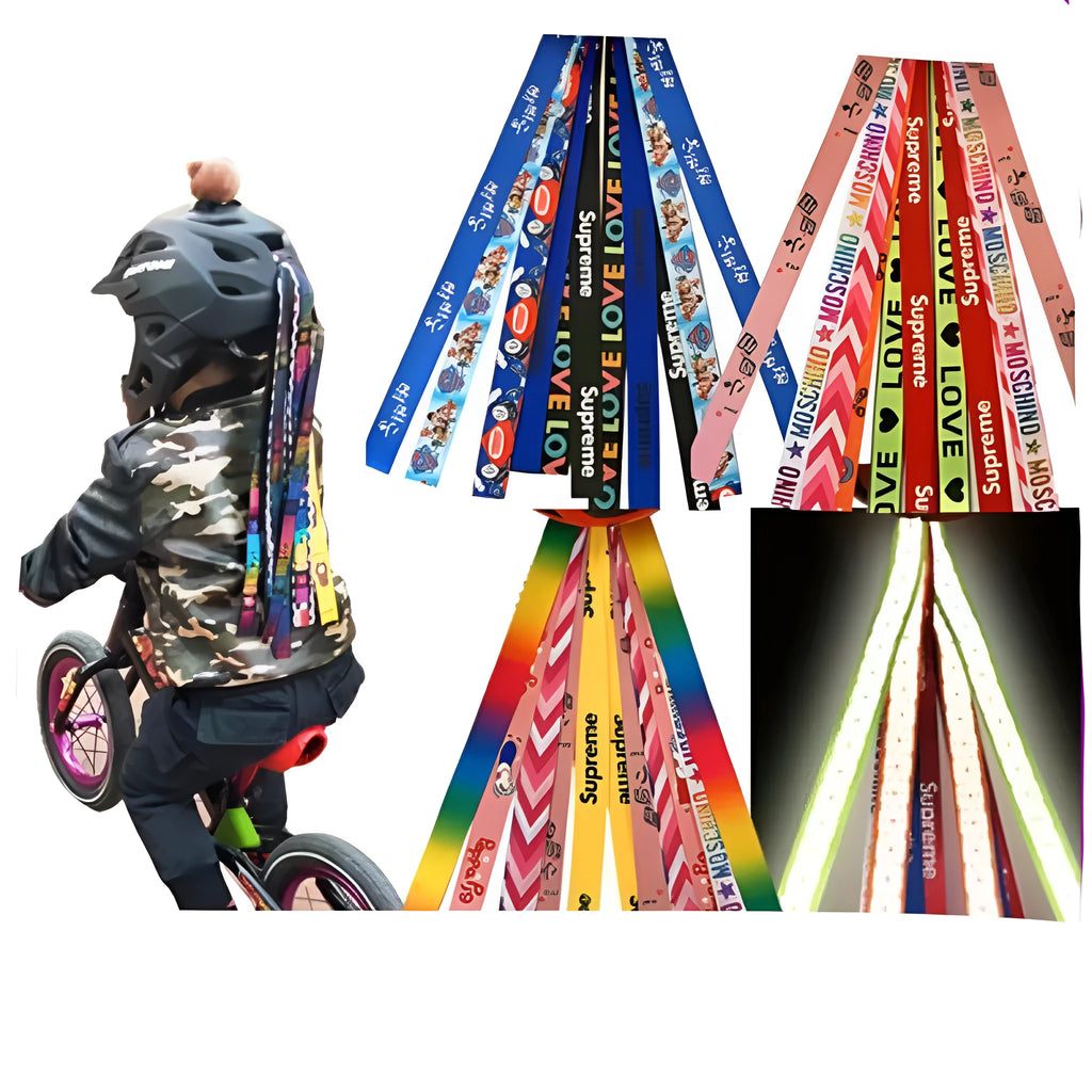 Colourful ribbon streamers for decorating a child's roller skate or ski helmet.