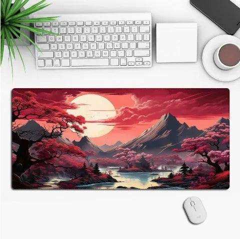 Large black anime-themed gaming mouse pad with non-slip rubber base on a wooden desk.