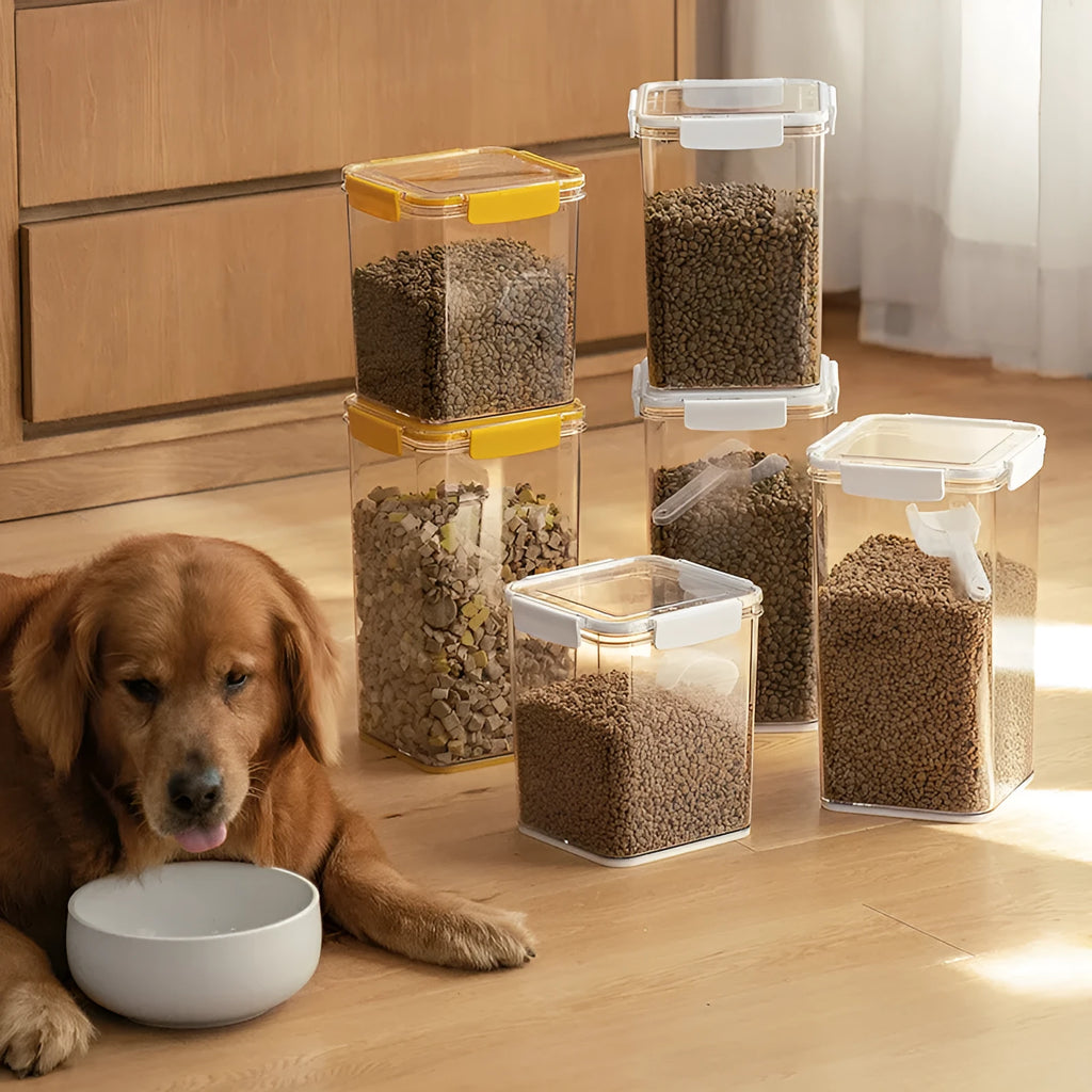 Sealed pet food storage bucket in white or yellow, 4L 5L 6L, with spoon for cat and dog food