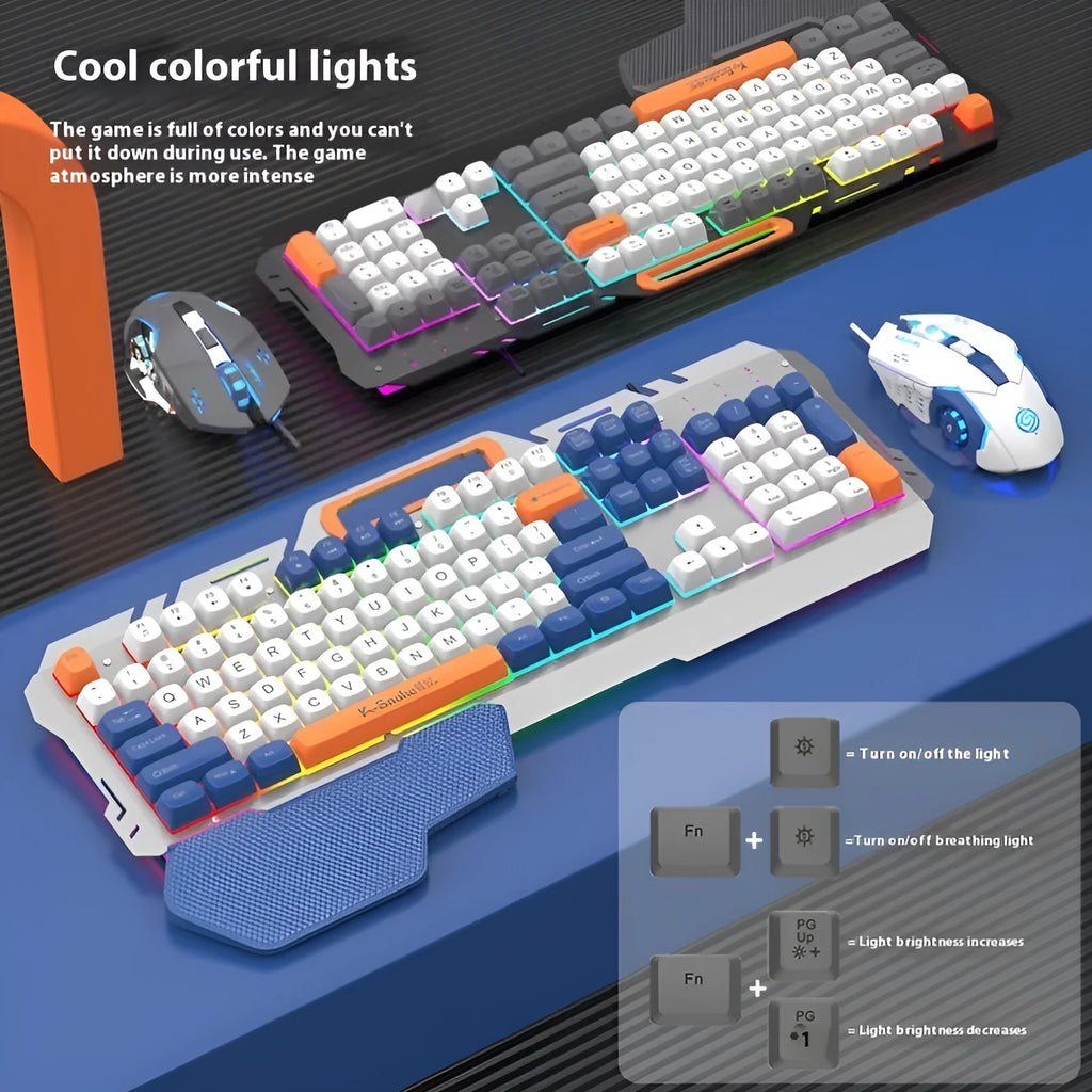 Blue wired gaming keyboard and mouse set with LED backlight on a desk