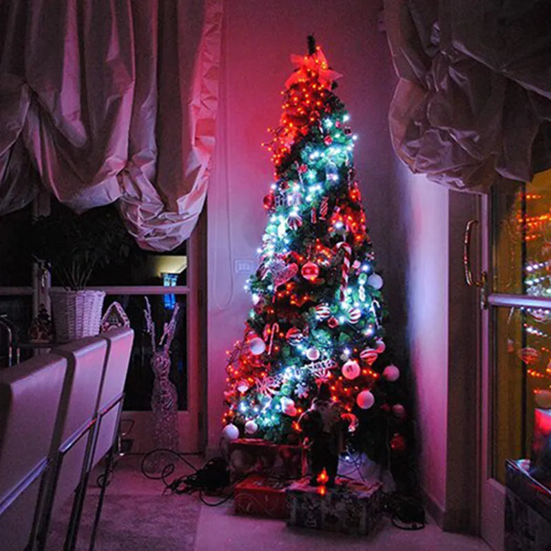 Copper wire curtain light string with smart phone control showing warm white LED lights