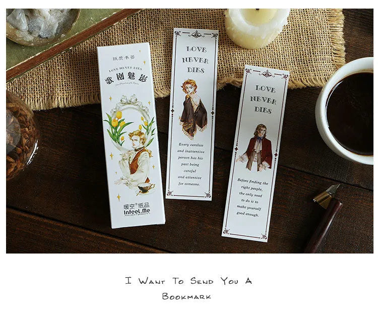 Pack of 30 thick white cardboard art bookmarks with various designs including Phantom of the Opera.